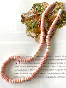 Pink Opal Tire Beads w Freshwater Pearls Necklace and Removable Baroque Pearl Pendant, 17.5"inches