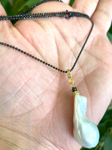 Elegant Pendant Necklace featuring Baroque Pearl & Diamonds, Black Rhodium Plated Silver Chain, 35 inches