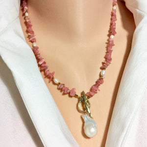 Rhodochrosite Beaded Necklace w Natural Pearls and Gold Bronze Artisan Toggle Clasp & Details