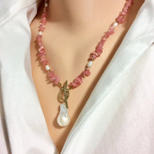 Cargar imagen en el visor de la galería, Rhodochrosite Beaded Necklace w Natural Pearls and Gold Bronze Artisan Toggle Clasp &amp; Details
