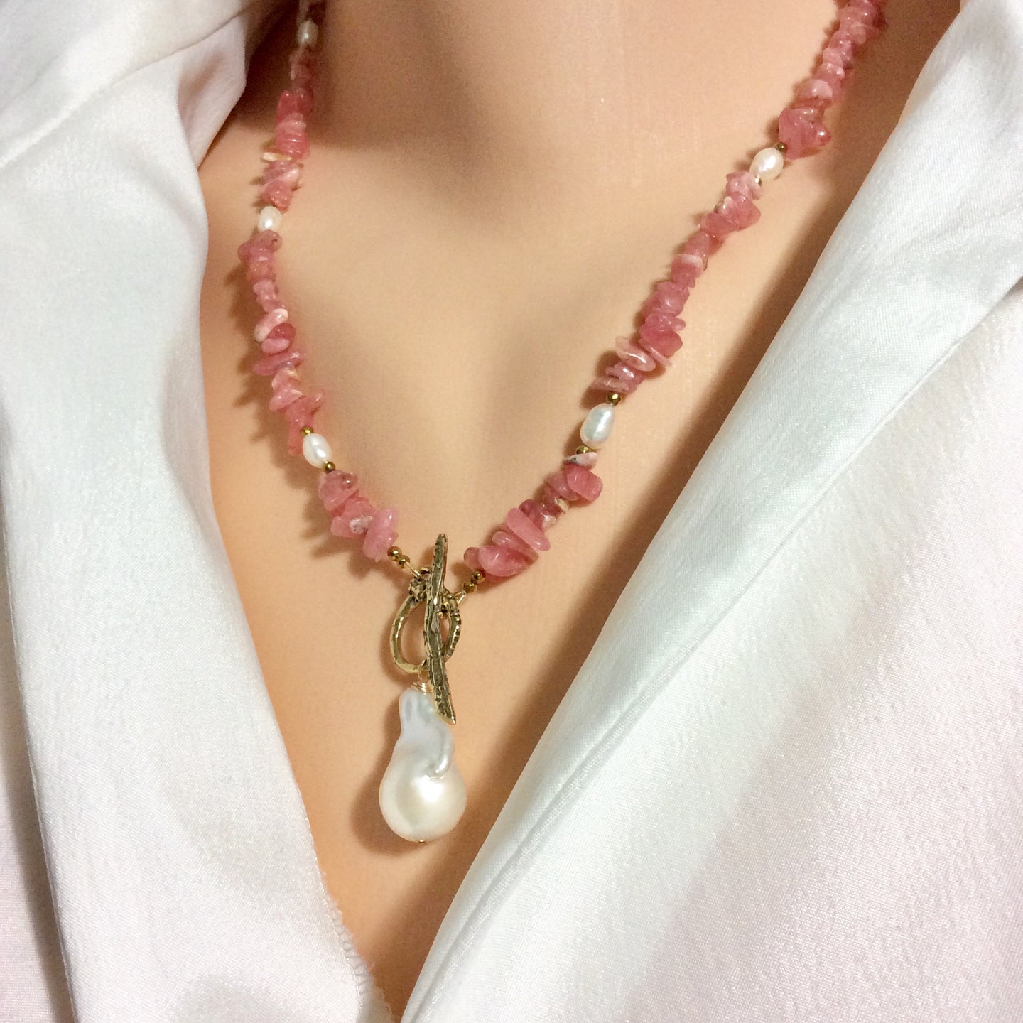 Rhodochrosite Beaded Necklace w Natural Pearls and Gold Bronze Artisan Toggle Clasp & Details