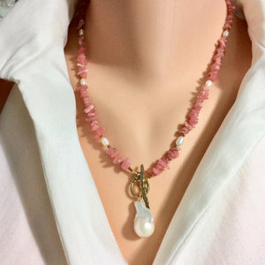 Rhodochrosite Beaded Necklace w Natural Pearls and Gold Bronze Artisan Toggle Clasp & Details