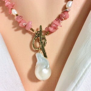 Rhodochrosite Beaded Necklace w Natural Pearls and Gold Bronze Artisan Toggle Clasp & Details