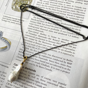 Baroque Pearl & Diamonds Pendant Necklace on 35-inch Black Rhodium Plated Sterling Silver Chain