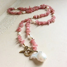 Load image into Gallery viewer, Rhodochrosite Beaded Necklace w Natural Pearls and Gold Bronze Artisan Toggle Clasp &amp; Details
