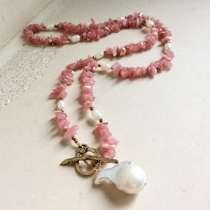 Rhodochrosite Beaded Necklace w Natural Pearls and Gold Bronze Artisan Toggle Clasp & Details