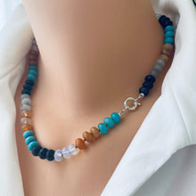 Load image into Gallery viewer, Elegant Silver Marine Clasp Necklace with Aventurine, Turquoise, Onyx &amp; Jade, 18 inches
