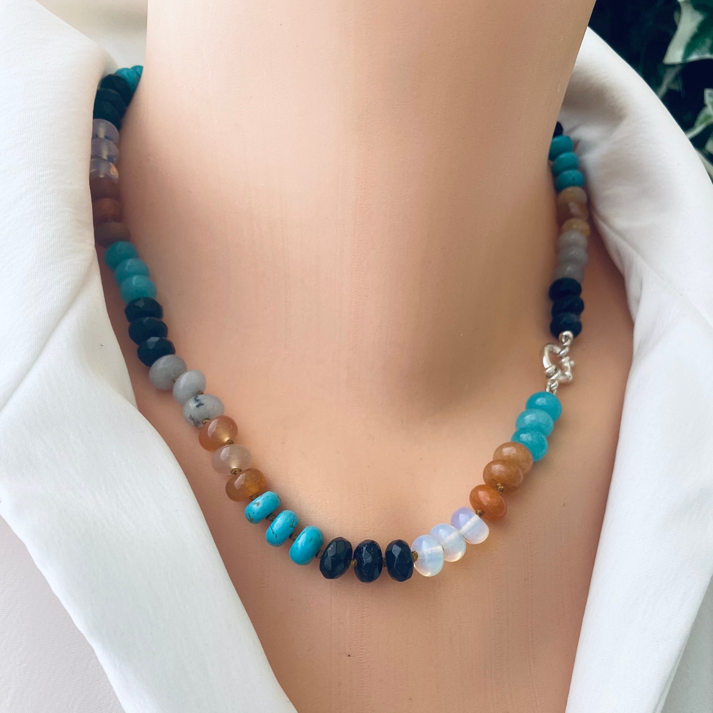 Hand-Knotted Aventurine, Turquoise, Onyx & Jade Candy Necklace with Silver Marine Clasp, 18 inches