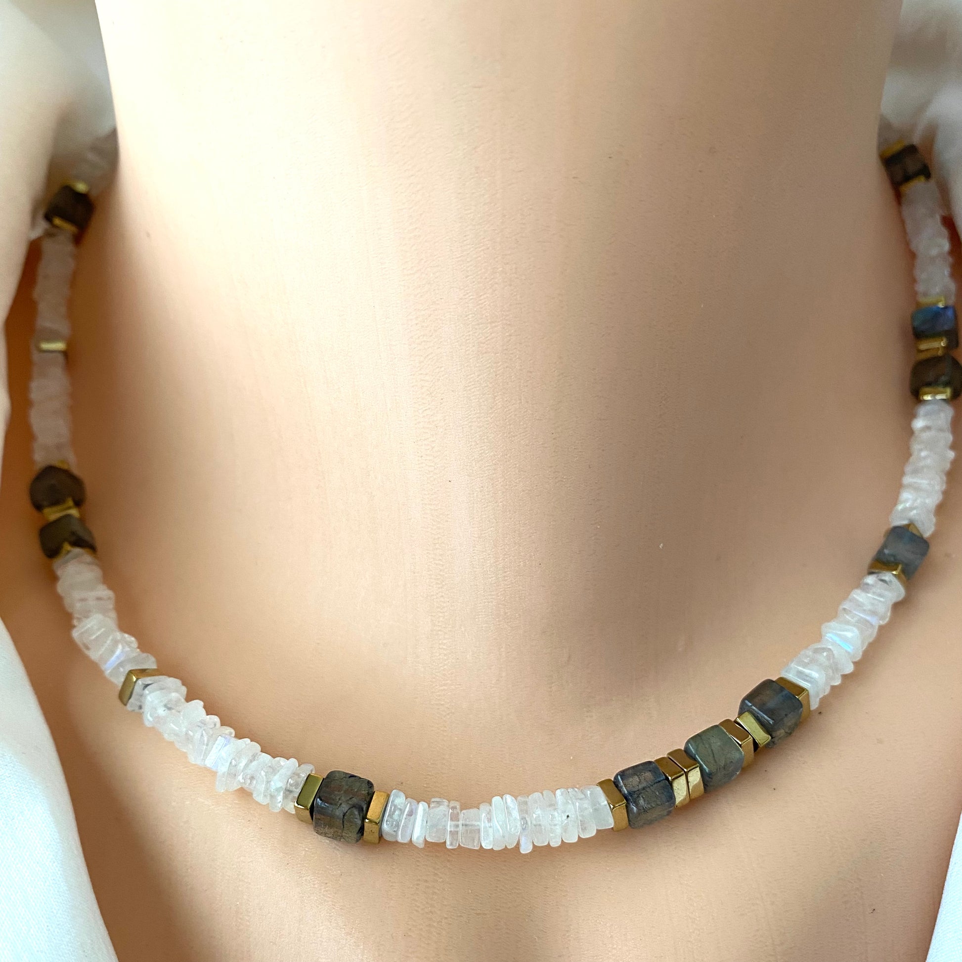 Moonstone labradorite necklace featuring square moonstone beads and labradorite cubes