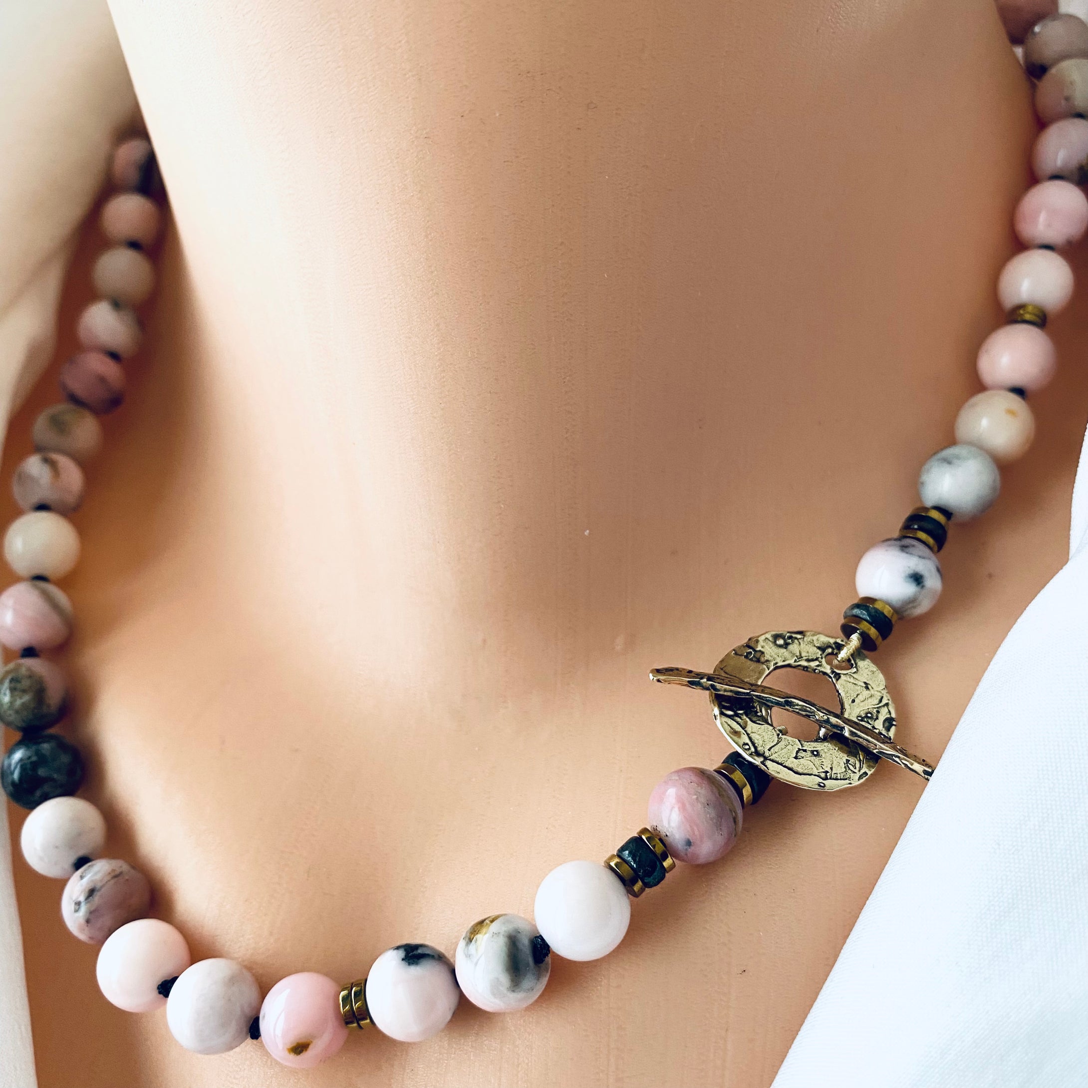 Pink Opal & Hematite Toggle Necklace, Gold Bronze Artisan Details, 18
