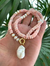 Charger l&#39;image dans la galerie, Pink Opal Tire Beads w Freshwater Pearls Necklace and Removable Baroque Pearl Pendant, 17.5&quot;inches
