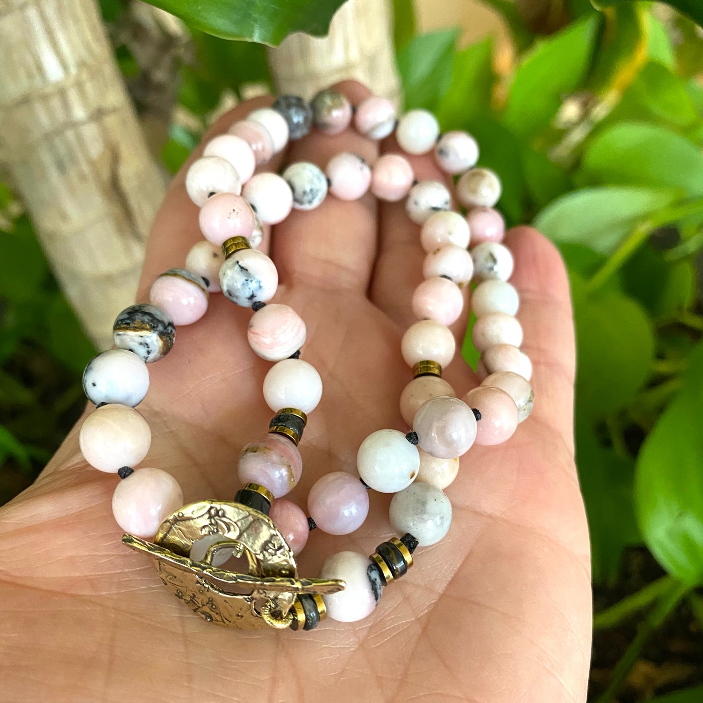 Pink opal hematite necklace featuring natural untreated pink opal and hematite accents