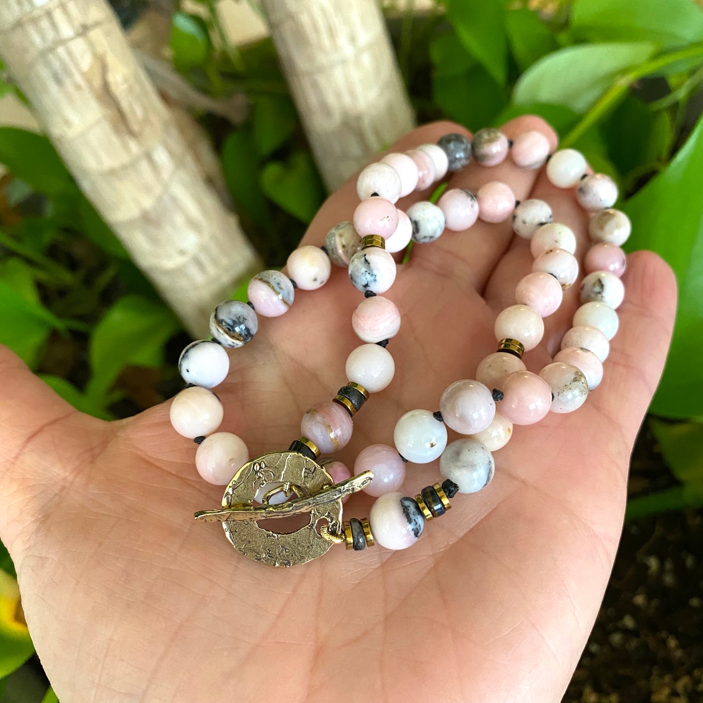 Pink opal hematite necklace handmade in Canada with natural pink opal and hematite beads