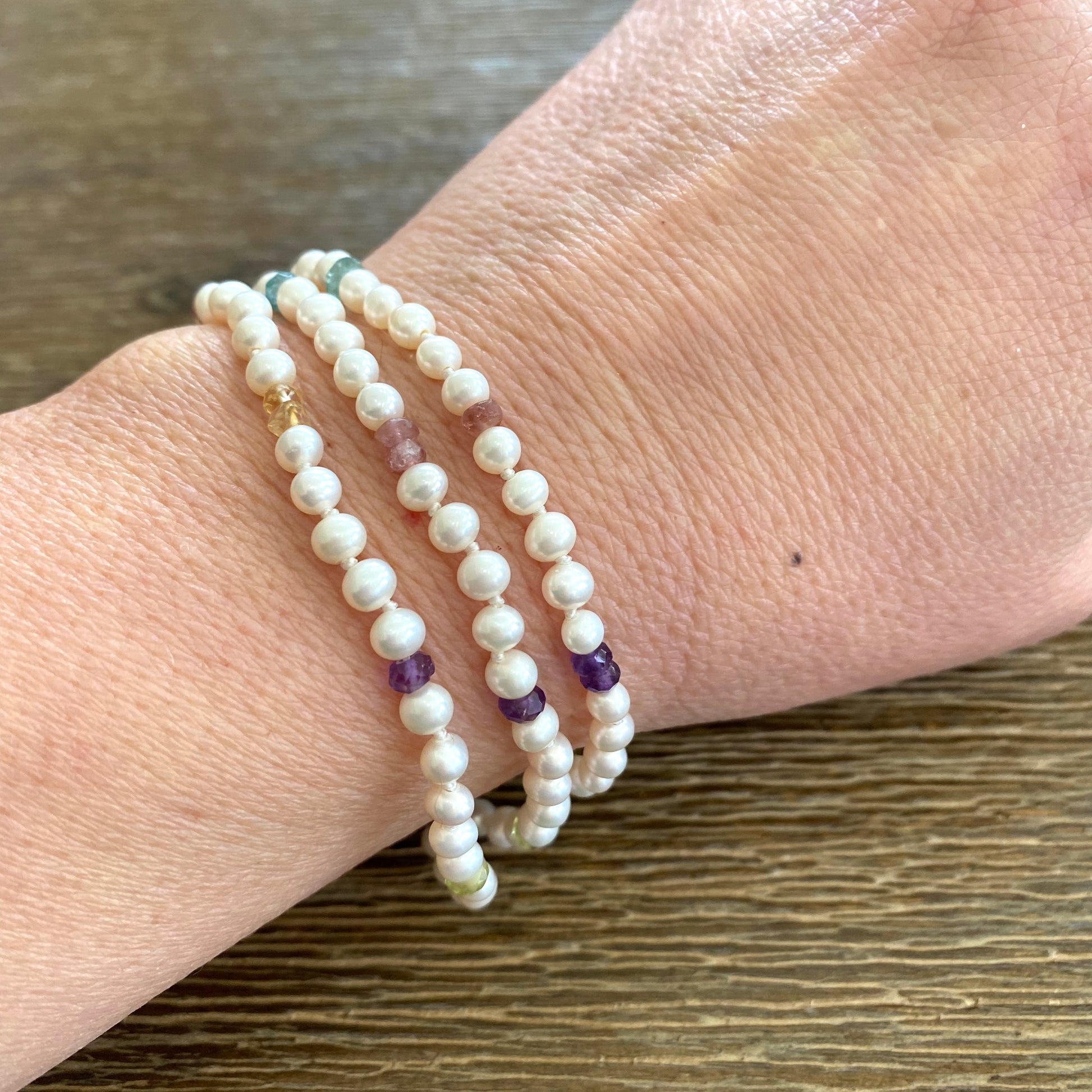 Rainbow gemstone pearl necklace showing ruby citrine amethyst and freshwater pearls