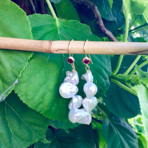 Simple and modern gold filled earrings with deep red bezel cubic zirconia and white keshi pearls