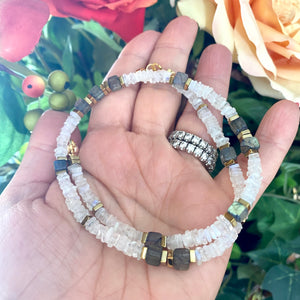 Moonstone & Labradorite Necklace, Gold Plated Magnetic Clasp, 17"in