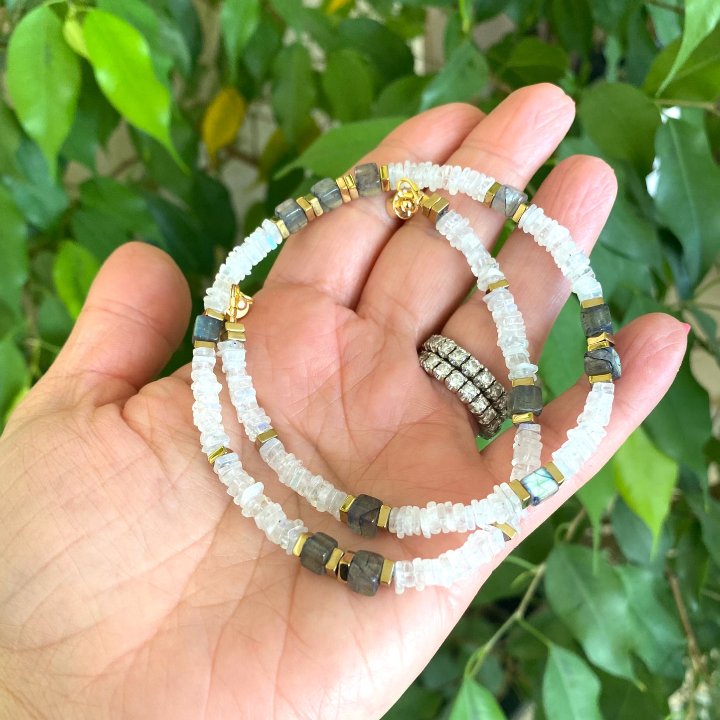 Moonstone labradorite necklace with natural moonstone beads and gold coated hematite accents