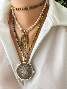 Fresh Water Pearl Toggle Necklace with Artisan Gold Bronze Hamsa Charm Pendant, 17.5"in