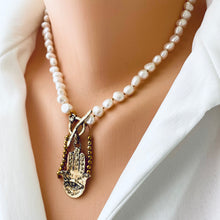 Load image into Gallery viewer, Fresh Water Pearl Toggle Necklace with Artisan Gold Bronze Hamsa Charm Pendant, 17.5&quot;in
