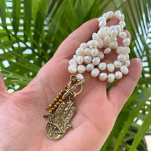 Load image into Gallery viewer, Fresh Water Pearl Toggle Necklace with Artisan Gold Bronze Hamsa Charm Pendant, 17.5&quot;in
