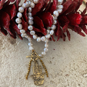 Fresh Water Pearl Toggle Necklace with Artisan Gold Bronze Hamsa Charm Pendant, 17.5"in
