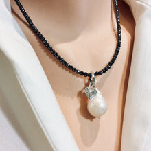 Carica l&#39;immagine nel visualizzatore di Gallery, White Baroque Pearl Pendant w Tiny Heart Charm Floating on Hematite Beads Necklace, Sterling Silver Artisan Necklace
