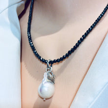 Carica l&#39;immagine nel visualizzatore di Gallery, White Baroque Pearl Pendant w Tiny Heart Charm Floating on Hematite Beads Necklace, Sterling Silver Artisan Necklace
