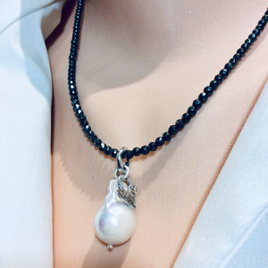 White Baroque Pearl Pendant w Tiny Heart Charm Floating on Hematite Beads Necklace, Sterling Silver Artisan Necklace
