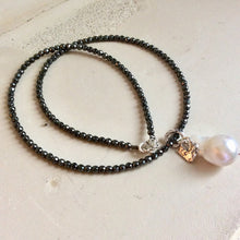 Cargar imagen en el visor de la galería, White Baroque Pearl Pendant w Tiny Heart Charm Floating on Hematite Beads Necklace, Sterling Silver Artisan Necklace
