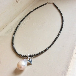 White Baroque Pearl Pendant w Tiny Heart Charm Floating on Hematite Beads Necklace, Sterling Silver Artisan Necklace