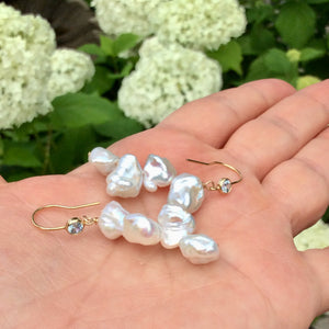 White Keshi Pearl Drop Earrings, composed of 14k gold filled Hook & blue Cubic zirconia Bezel