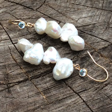 Cargar imagen en el visor de la galería, Keshi Pearl Drop Earrings, Gold Filled Hook and Blue Cubic Zirconia Bezel
