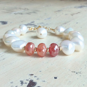 Carnelian and Fresh Water White Baroque Pearl Bracelet, 14k Gold Filled