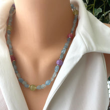 Lade das Bild in den Galerie-Viewer, Aquamarine Bonbons Necklace w Red, Lilac &amp; Green Jade Accent Beads, Gold Plated, 21&quot;inches

