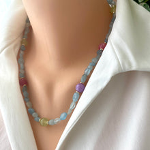 Carica l&#39;immagine nel visualizzatore di Gallery, Aquamarine Necklace with Red, Lilac &amp; Green Jade

