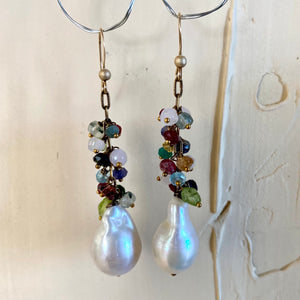 Mixed Gemstones Cluster Earrings w Baroque Pearls