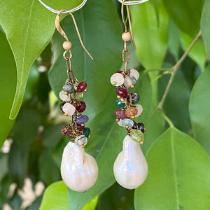 Mixed Gemstones Cluster Earrings w Baroque Pearls