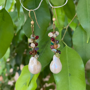 Mixed Gemstones Cluster Earrings w Baroque Pearls