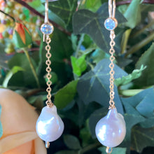 Load image into Gallery viewer, Dainty Baroque Pearl Long Drop Earrings, Gold Filled Chain Earrings w Skye Blue Cubic Zirconia, Brides Gift

