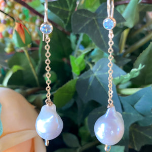 Dainty Baroque Pearl Long Drop Earrings, Gold Filled Chain Earrings w Skye Blue Cubic Zirconia, Brides Gift