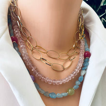 Lade das Bild in den Galerie-Viewer, Aquamarine Bonbons Necklace w Red, Lilac &amp; Green Jade Accent Beads, Gold Plated, 21&quot;inches
