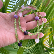 Load image into Gallery viewer, Peridot Bonbons Necklace w Rose, Lilac Jade &amp; Amethyst Accent Beads, Gold Plated, 21&quot;in, August Birthstone
