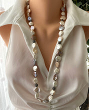 Carica l&#39;immagine nel visualizzatore di Gallery, Freshwater Pearl Long Necklace, Flat Pastel Keshi Pearls, Rhinestone Pave Beads and Magnetic Clasp, 31&quot;inches
