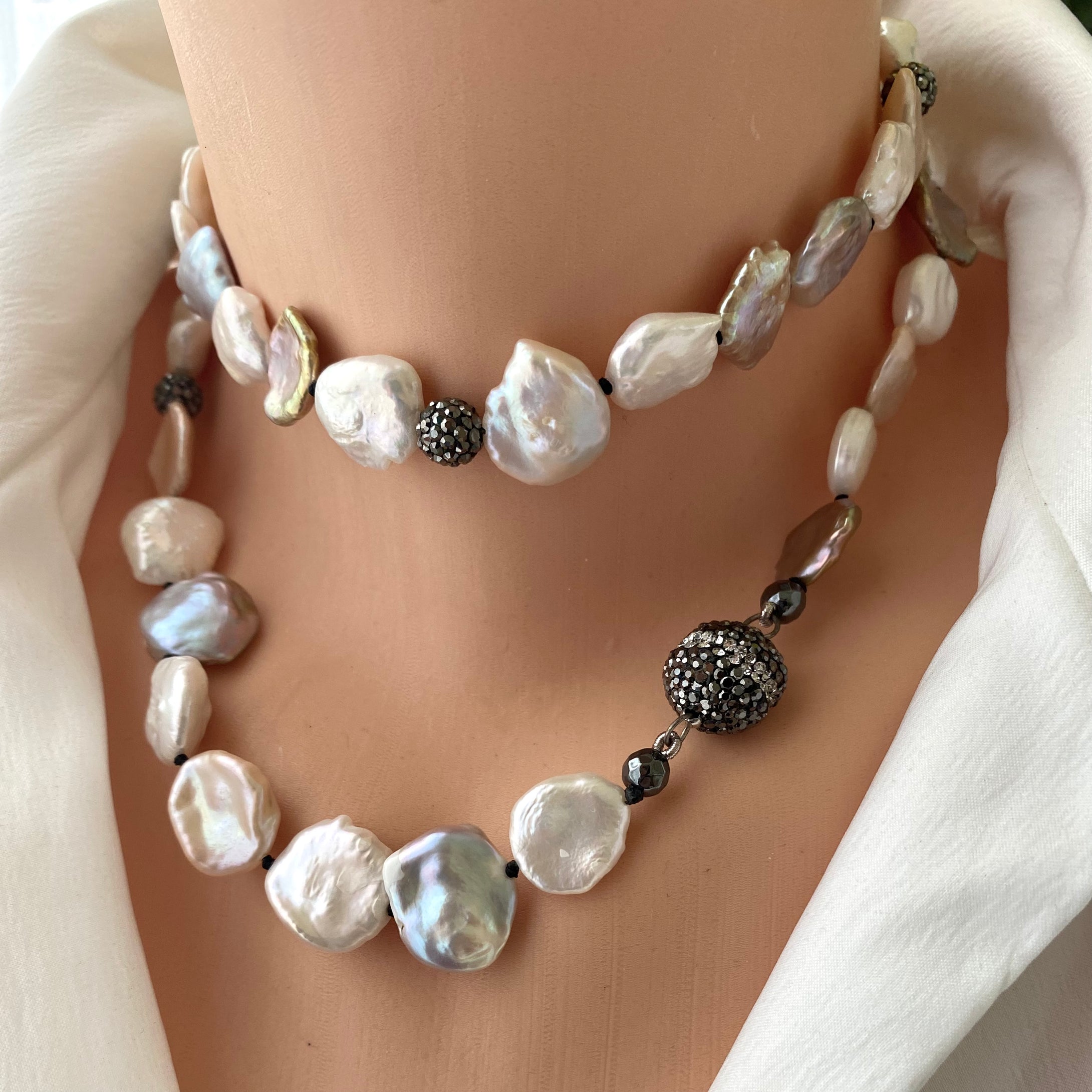Freshwater Pearl Long Necklace, Flat Pastel Keshi Pearls, Rhinestone Pave Beads and Magnetic Clasp, 31