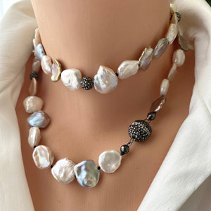Freshwater Pearl Long Necklace, Flat Pastel Keshi Pearls, Rhinestone Pave Beads and Magnetic Clasp, 31"inches