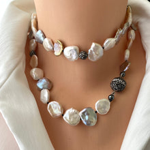 Charger l&#39;image dans la galerie, Freshwater Pearl Long Necklace, Flat Pastel Keshi Pearls, Rhinestone Pave Beads and Magnetic Clasp, 31&quot;inches
