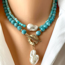 Charger l&#39;image dans la galerie, Large Blue Amazonite Beads and White Baroque Pearl Necklace, Gold Filled &amp; Gold Bronze Toggle Necklace, 18&#39;in
