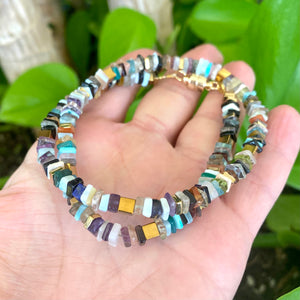 Multicolor Gemstone Beaded Necklace, Gold Plated, Magnetic Clasp, 16"in