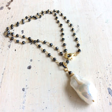 Load image into Gallery viewer, Baroque Pearl &amp; Pyrite Pendant Necklace, Pave Diamonds, Pyrite Rosary Chain
