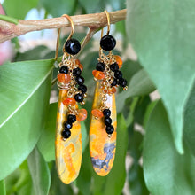 Load image into Gallery viewer, Bumble Bee Teardrop Stone, Carnelian &amp; Onyx Cluster Earrings, Gold Vermeil, 60MM
